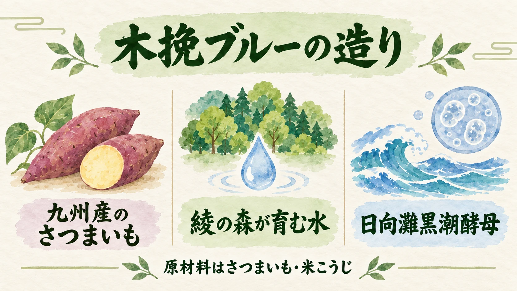木挽ブルーの九州産さつまいもと綾の森が育む仕込み水と日向灘黒潮酵母のイメージ