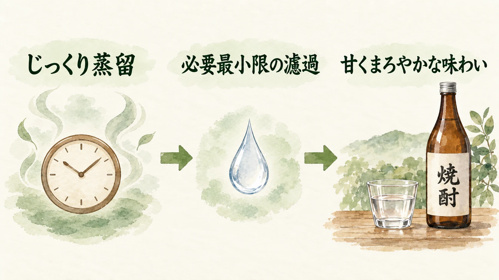 じっくり蒸留、必要最小限の濾過、甘くまろやかな味わいを時計としずくで表した本にごりの造りのイメージ