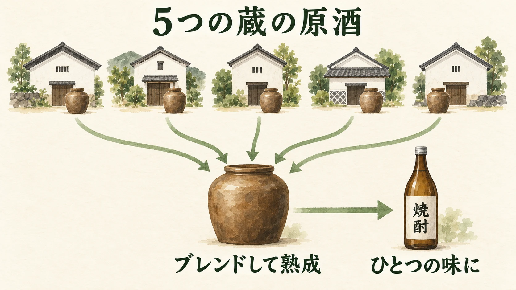 5つの蔵で造った原酒を集め、ブレンドして熟成し、ひとつの焼酎に仕上げるイメージ